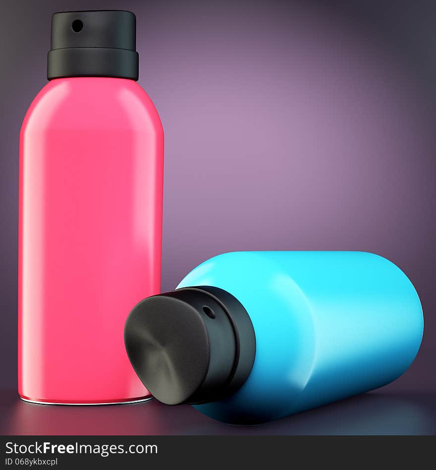 Two spray cans on dark background. 3d illustration