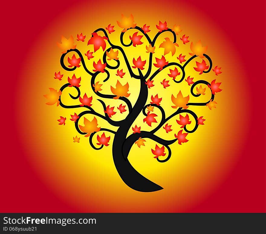 Ilustration of a autumn tree , red colors.