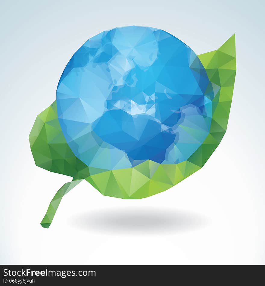 Polygonal Earth with green leaf