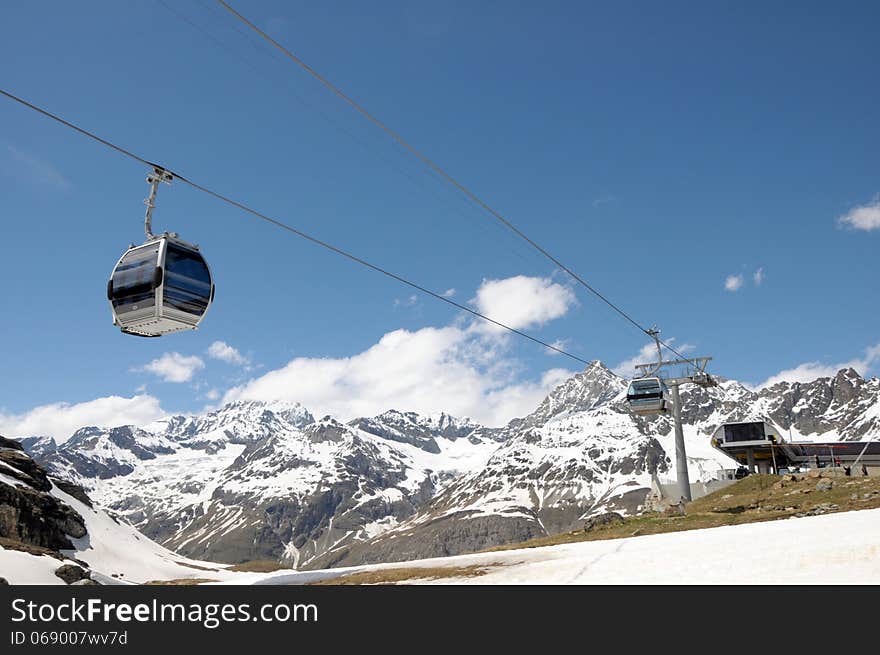 Glacier Paradise cable car passing the Matterhorn at Schwarzsee