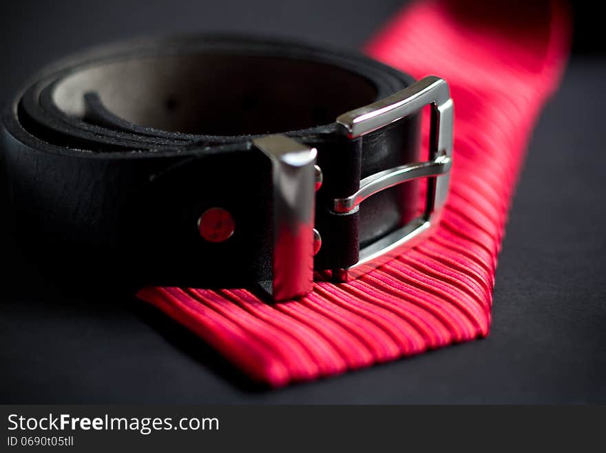 Leather belt and necktie set. Leather belt and necktie set