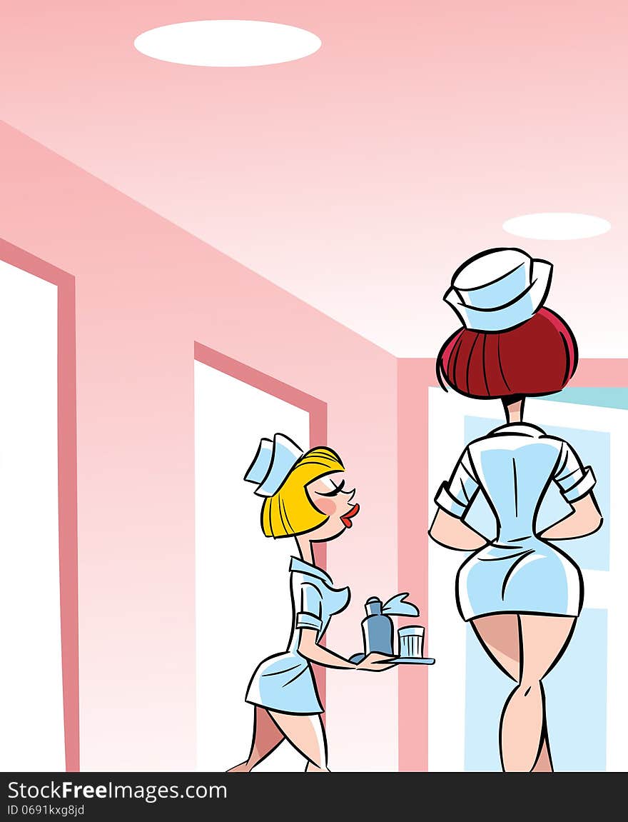 The illustration shows the interior hospital. On the background of the hall of the hospital, two young, beautiful nurses. Illustration done in cartoon style. The illustration shows the interior hospital. On the background of the hall of the hospital, two young, beautiful nurses. Illustration done in cartoon style.