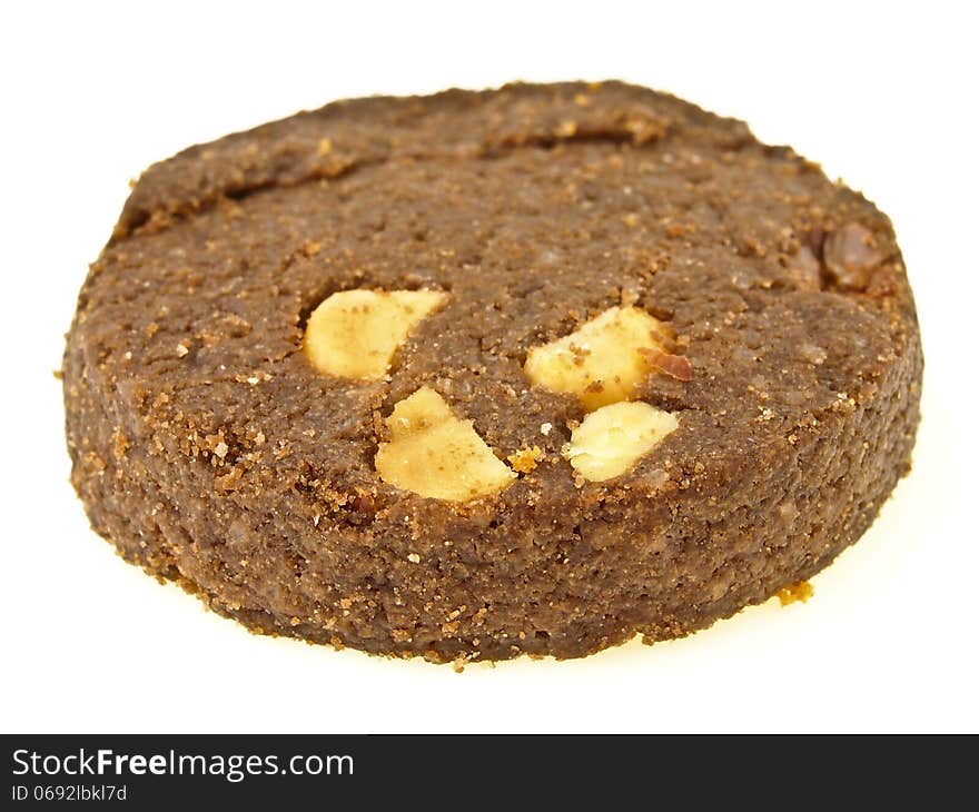 Piece of peanut vegetarian cookies on white background. Piece of peanut vegetarian cookies on white background