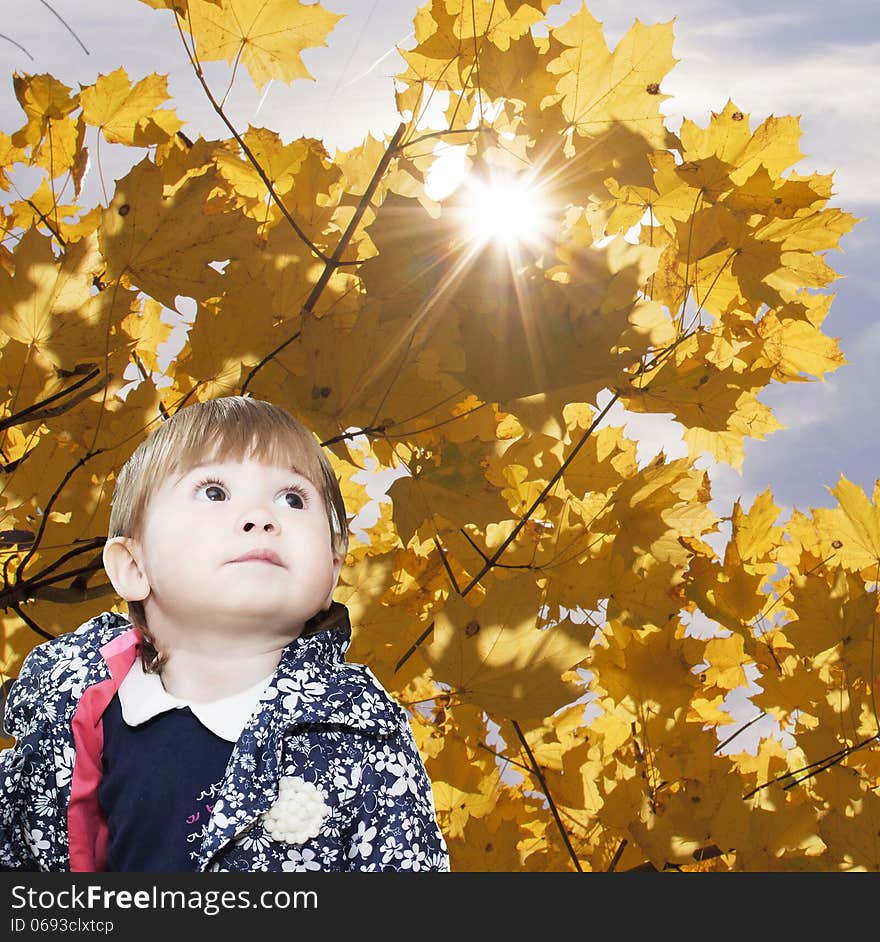 The girl of 1 year looks up against autumn leaves. The girl of 1 year looks up against autumn leaves.