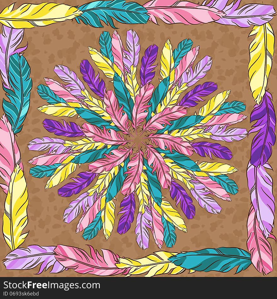 Vector Mandala With Colored Feathers