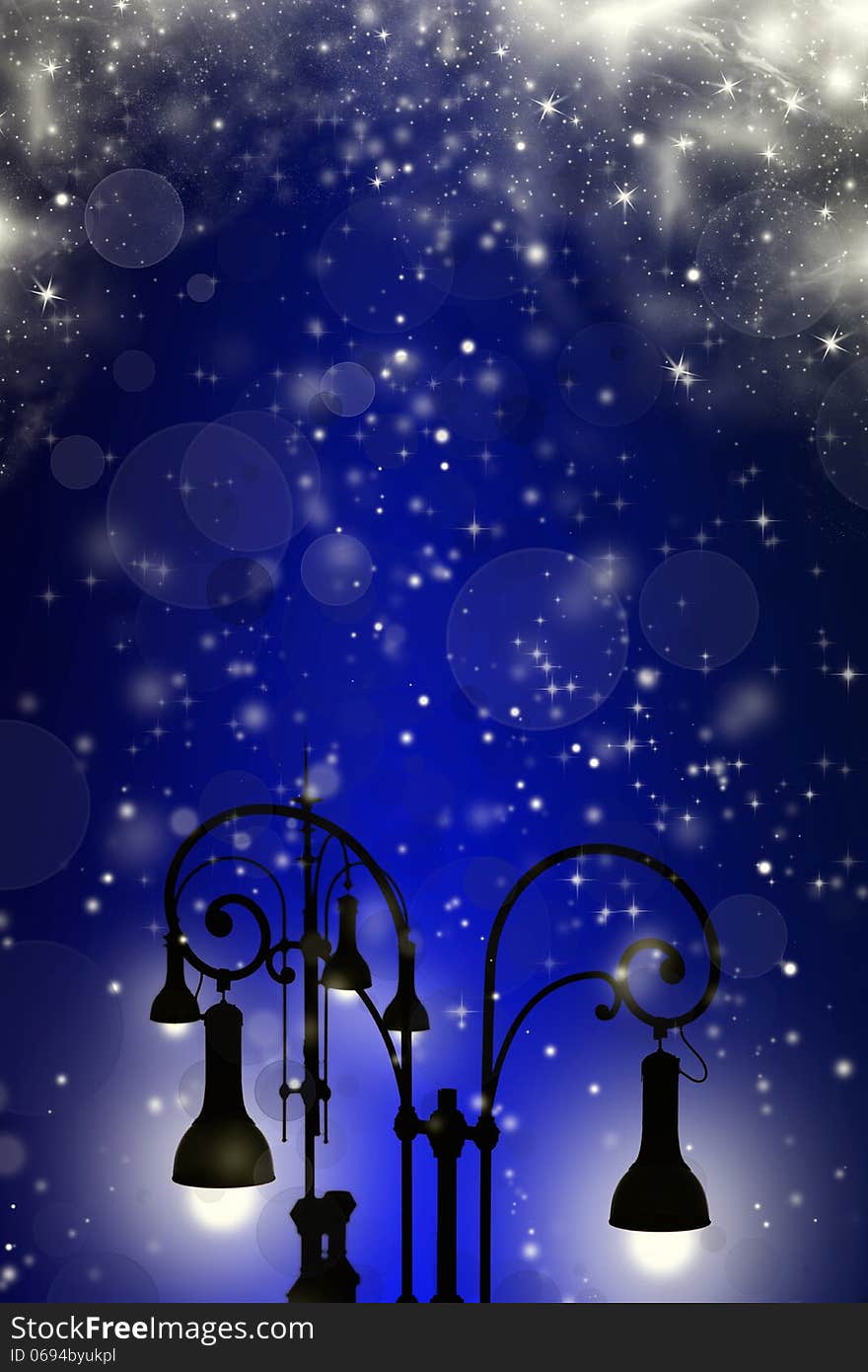 Christmas greeting card - white night with stars and street lamp