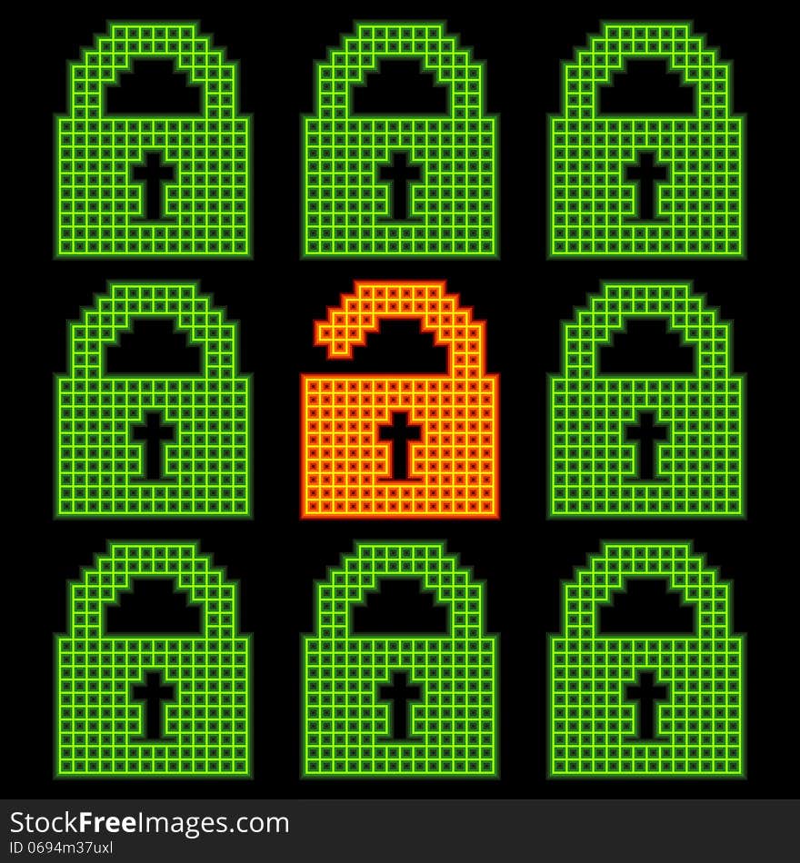 Online web security concept, represented in 8-bit pixel-art padlock icons. Colours are separated in individual layers and created using different sized strokes. Online web security concept, represented in 8-bit pixel-art padlock icons. Colours are separated in individual layers and created using different sized strokes