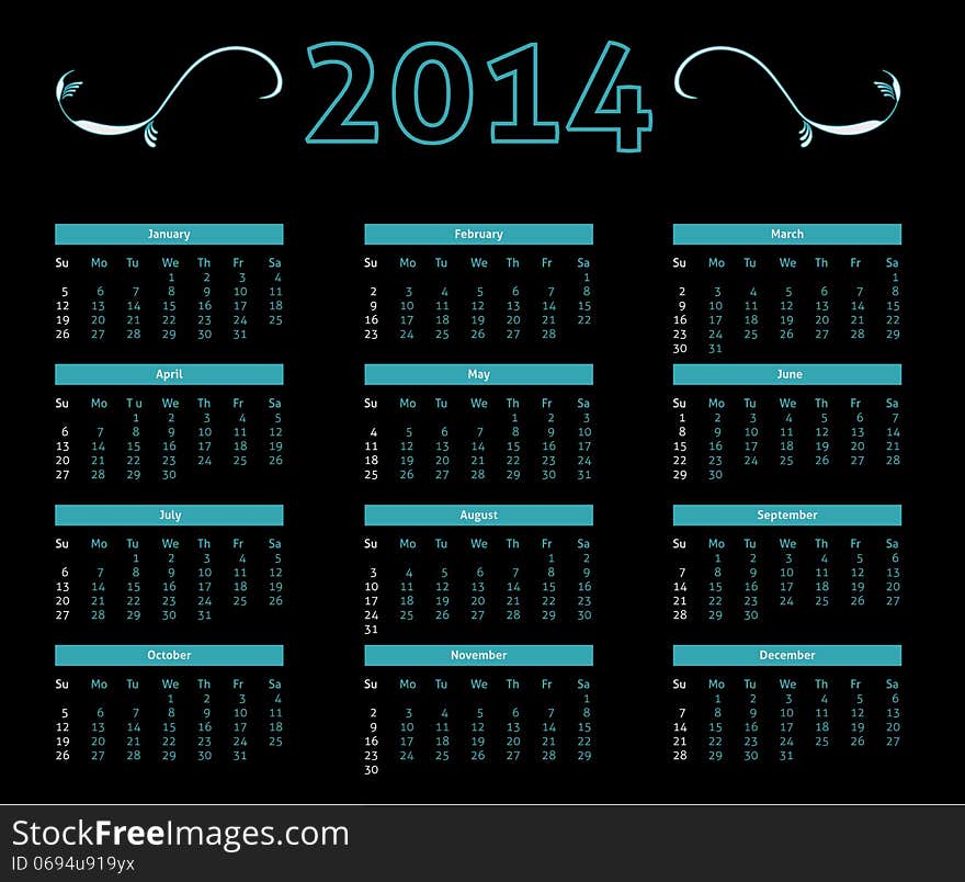 2014 calendar in dark style - black with neon black and white