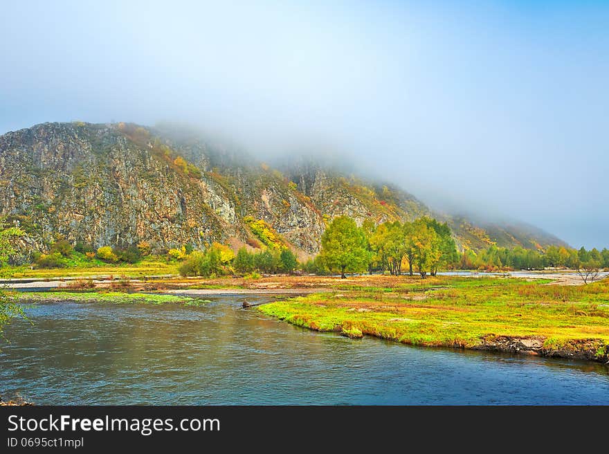 The hill in advection fog and yalu river