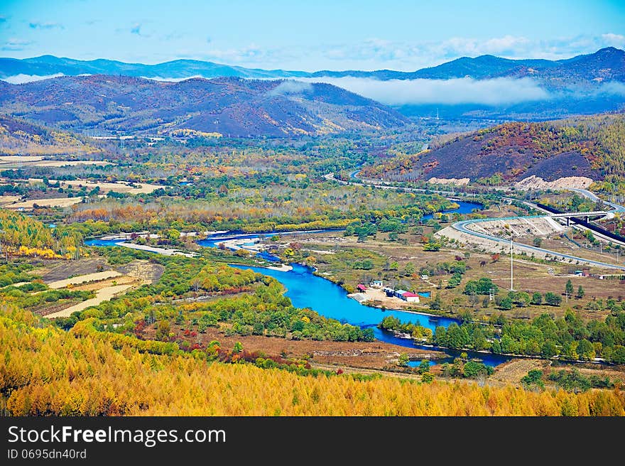 The blue river and  hills