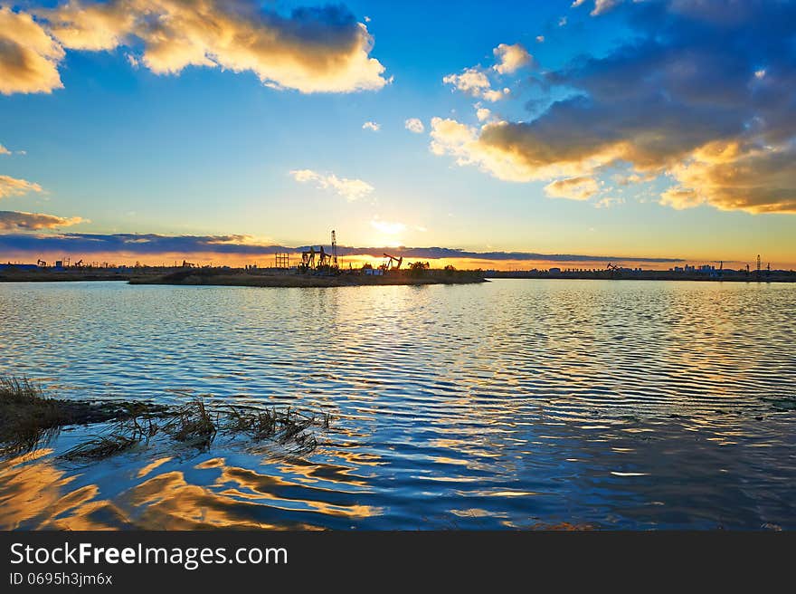 The inverted reflection in water sunset