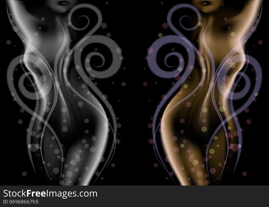 Illustration with curves and bubbles around woman body against black background drawn in black and white and colored variations. Illustration with curves and bubbles around woman body against black background drawn in black and white and colored variations