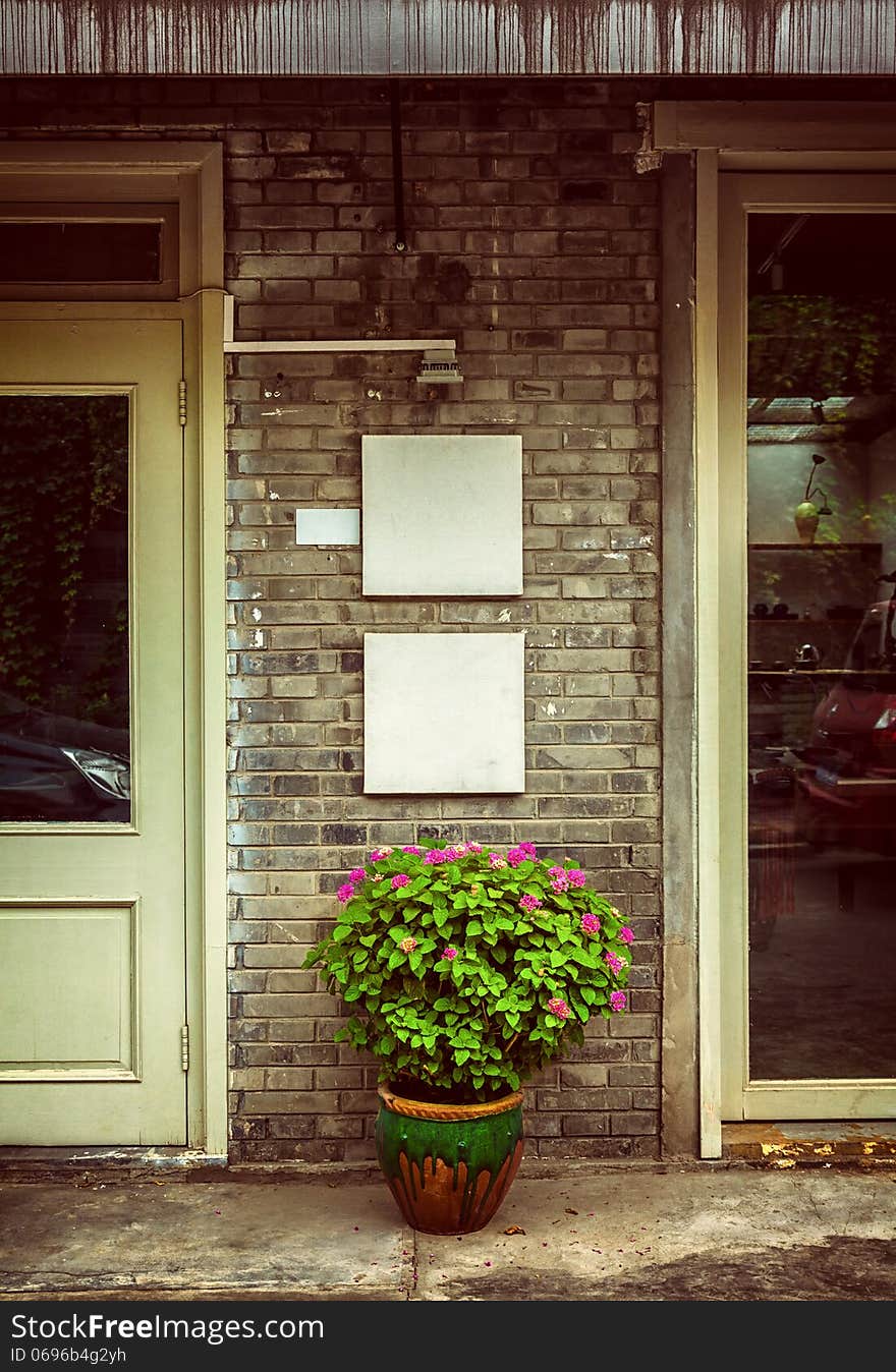 Flowerpot at store entrance, China.