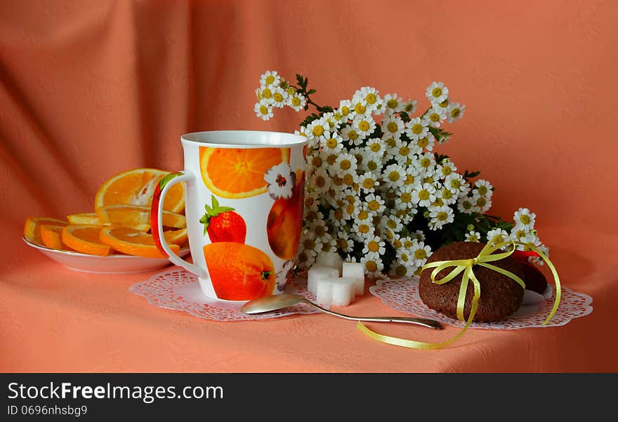 Chocolate Cake,  A Cup Of Coffee And Bouquet Of Daisies