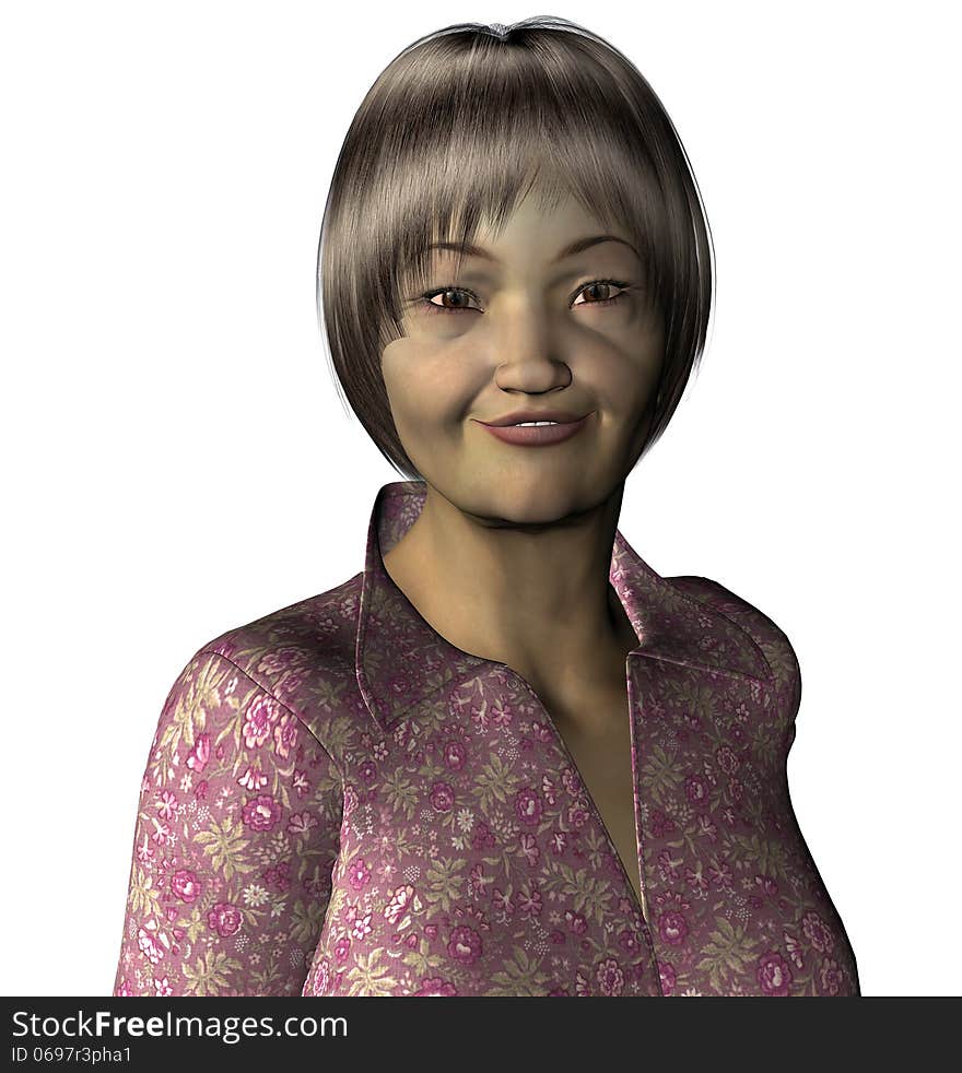 3d render of an elderly Asian lady