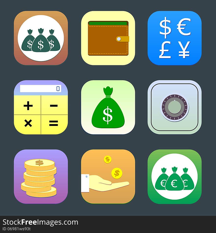 Flat icons, monetary topics for web and mobile applications