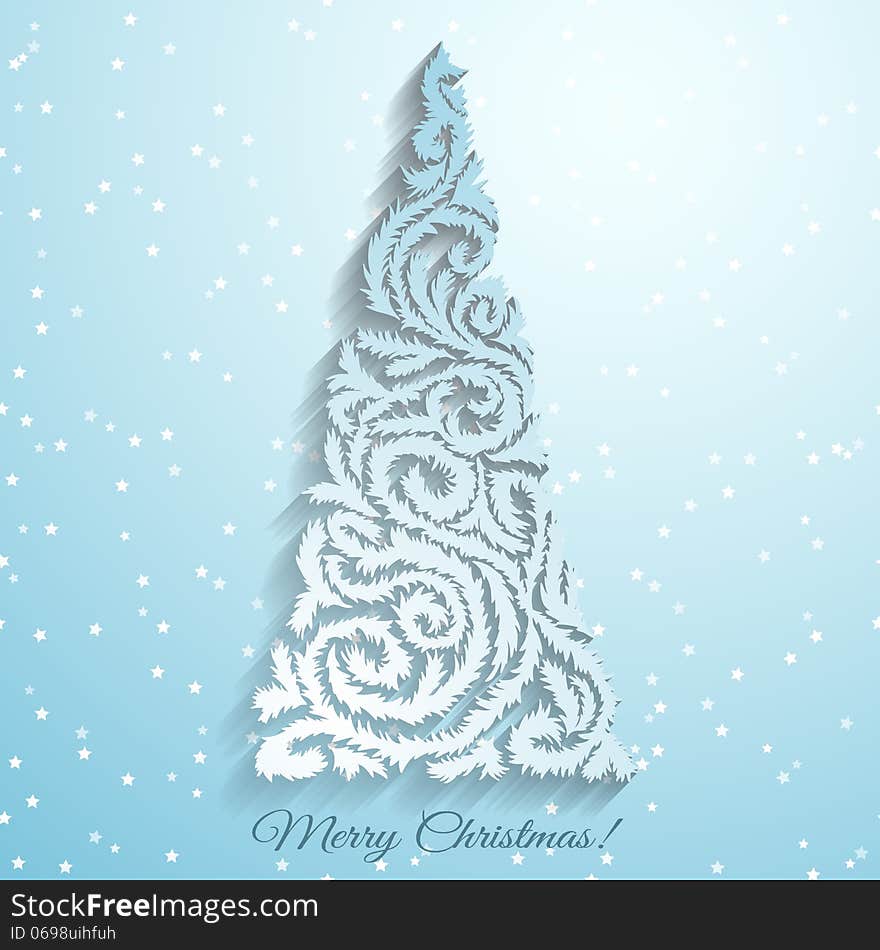 Stylized Christmas tree on blue background with stars.