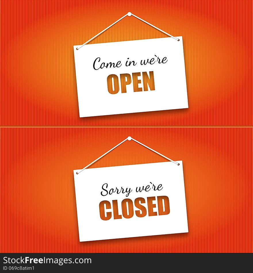 Open and Closed door signs board. Vector illustration.