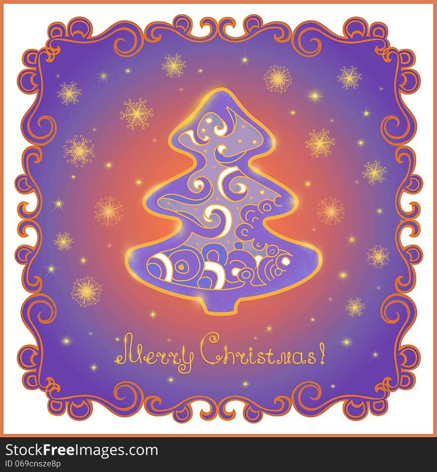 Christmas card with fir tree and snowflakes.Universal colours and tints for easy colour changes