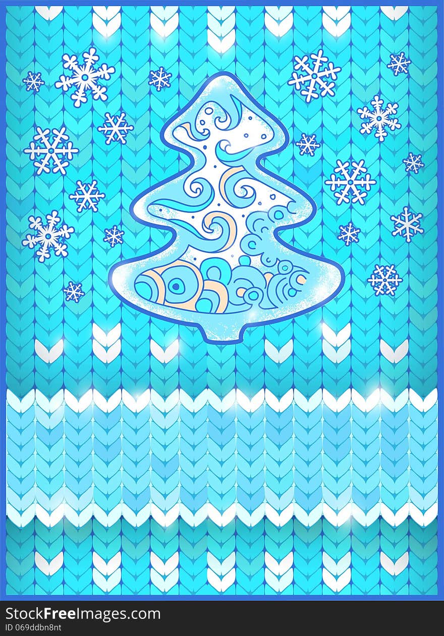 Christmas card with fir tree and snowflakes