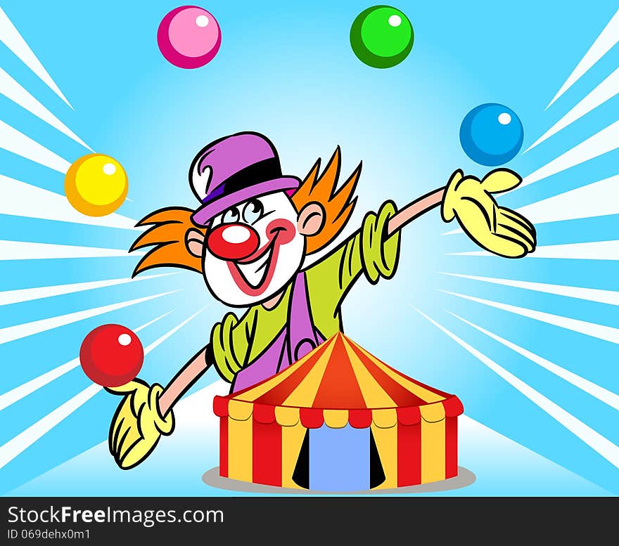 The illustration shows a clown who juggles balls against the background of a circus tent. Illustration done in cartoon style, on separate layers. The illustration shows a clown who juggles balls against the background of a circus tent. Illustration done in cartoon style, on separate layers.