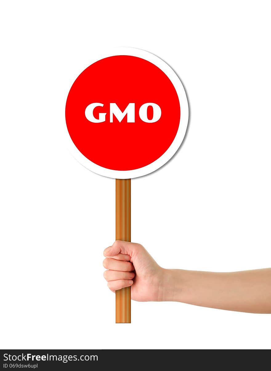 Hand holding red gmo warning sign