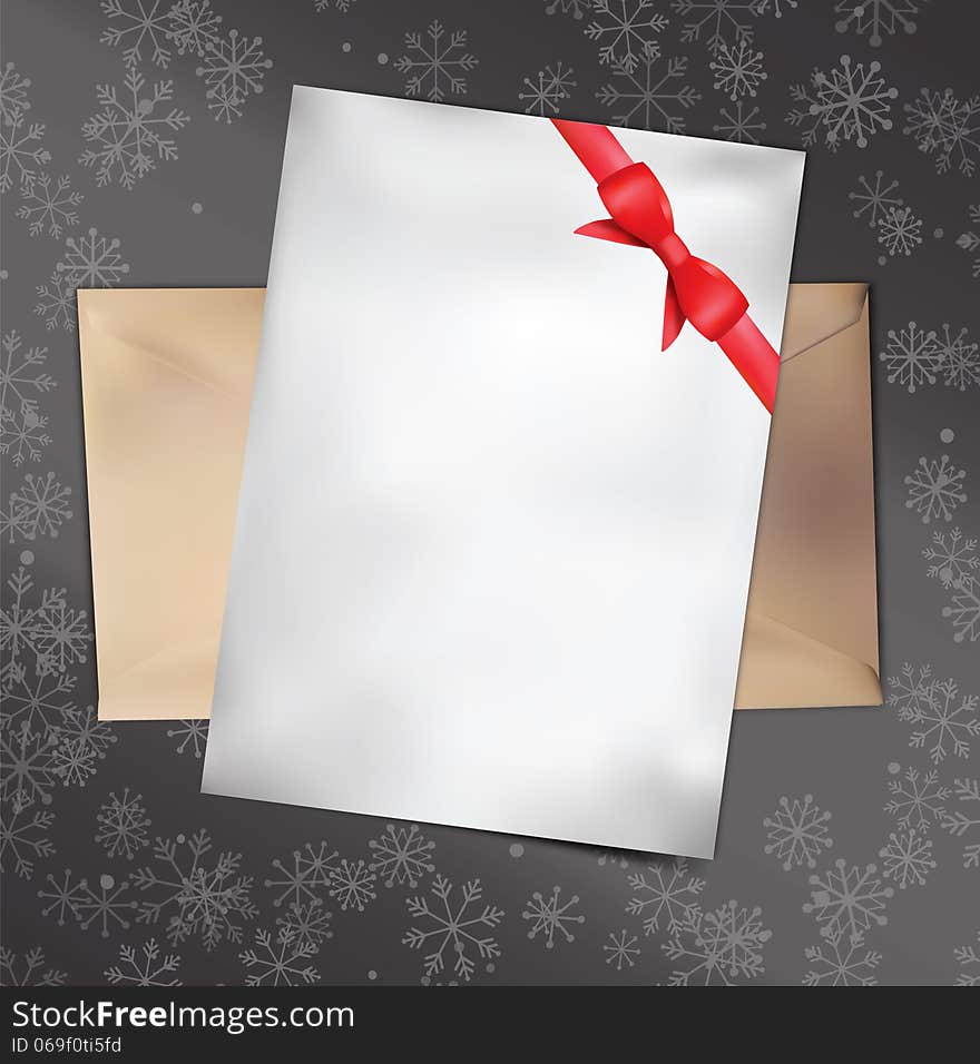 Paper Card with Red Bow. Vector illustration.