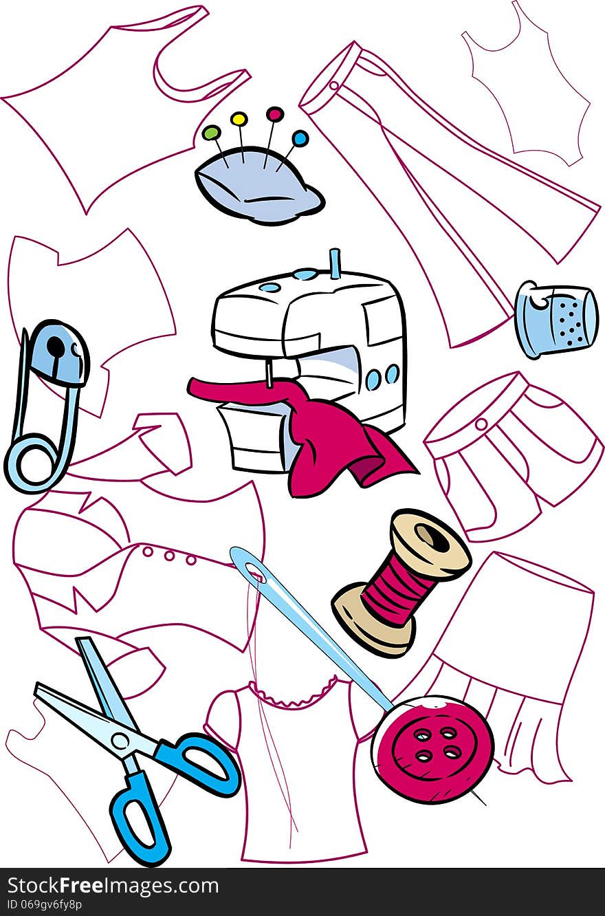 In the illustration on the background of silhouettes of pattern set of tools for sewing clothes. Illustration done in cartoon style, on separate layers.