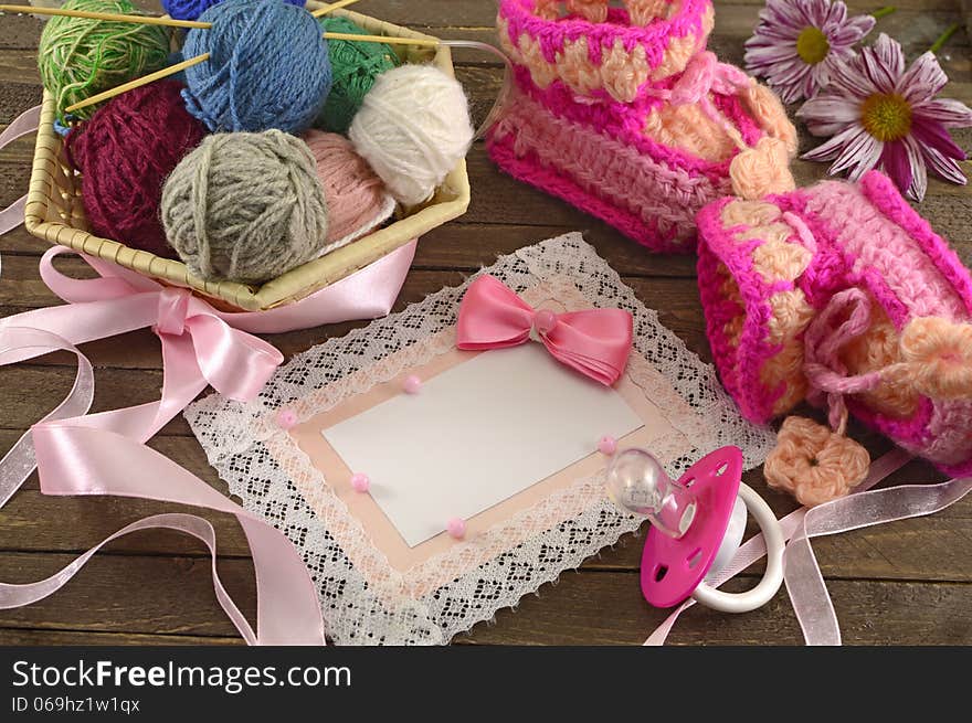 Pink Greeting Card With Baby Knitting Things