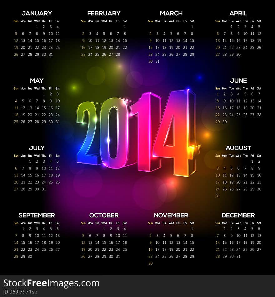 Vector 2014 year calendar with black background and vibrant neon numbers. Elements are layered separately in vector file. Vector 2014 year calendar with black background and vibrant neon numbers. Elements are layered separately in vector file.