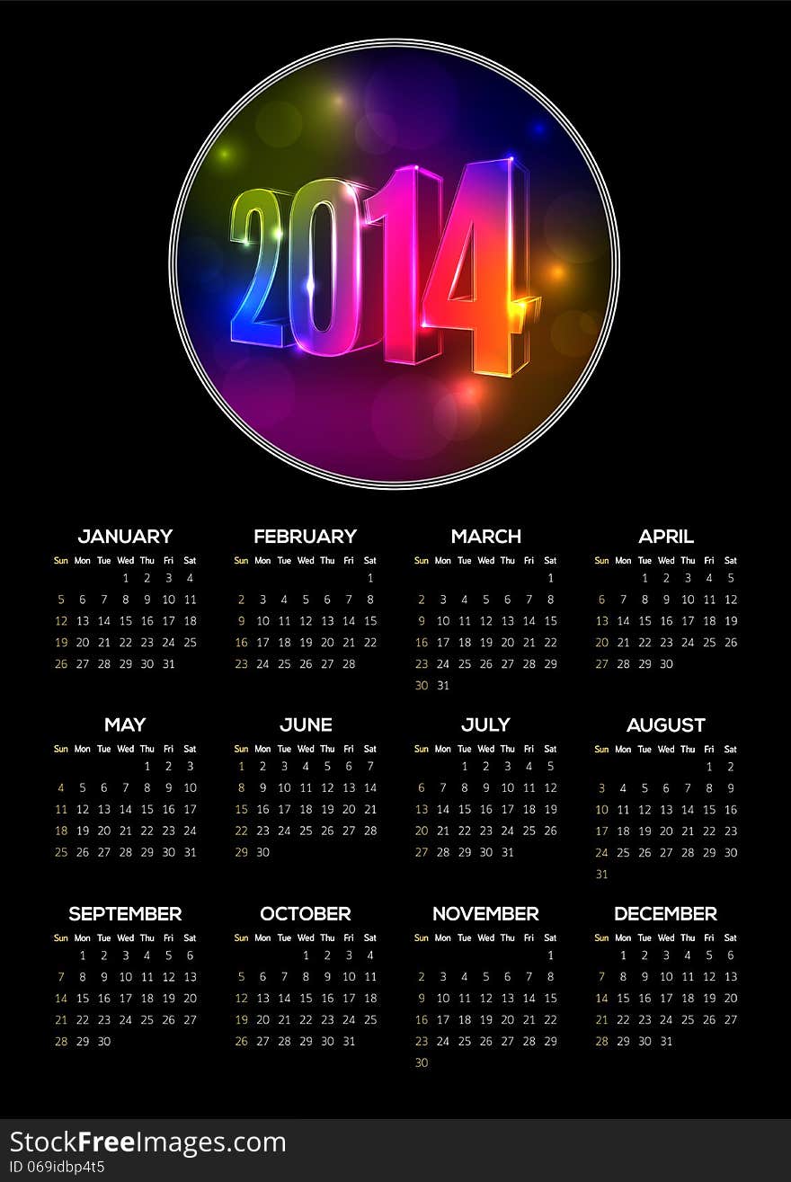 Vector 2014 year calendar with black background and vibrant neon numbers. Elements are layered separately in vector file. Vector 2014 year calendar with black background and vibrant neon numbers. Elements are layered separately in vector file.