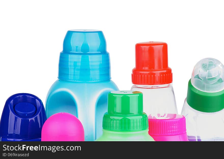 Various Covers of Cleaning Products In a Row isolated on white background