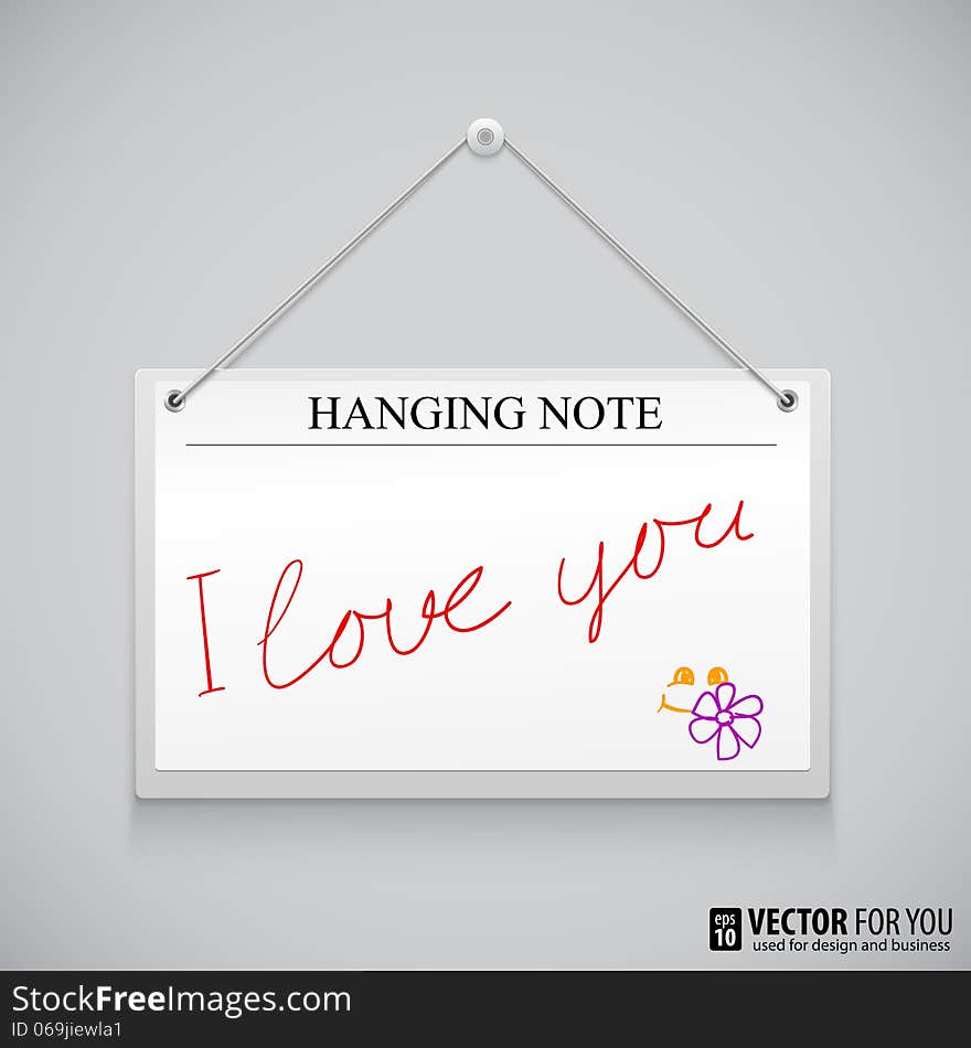 Hanging note board with text, writed red ink I love you