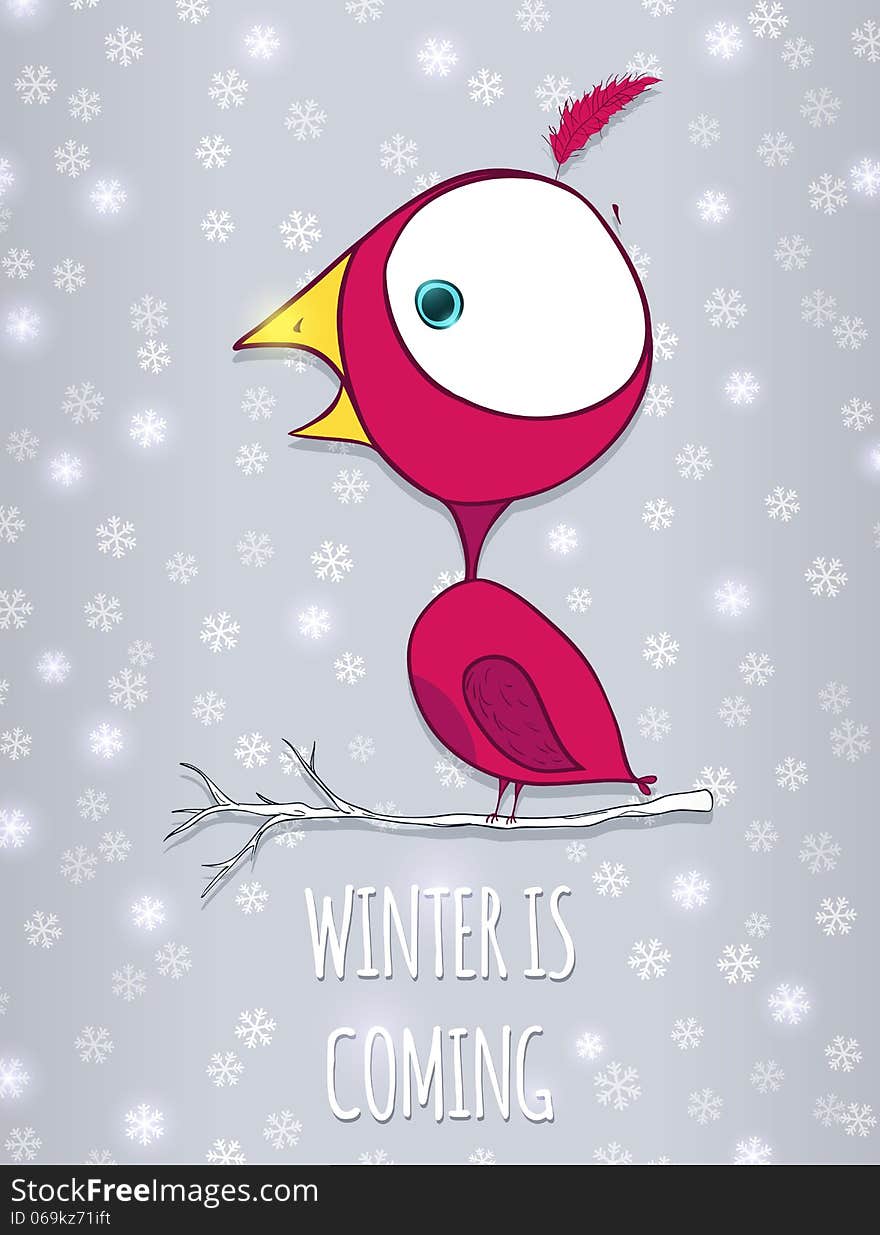 Bird sitting on branch. Winter background with snowflakes. Doodle vector Illustration. This is file of EPS10 format.