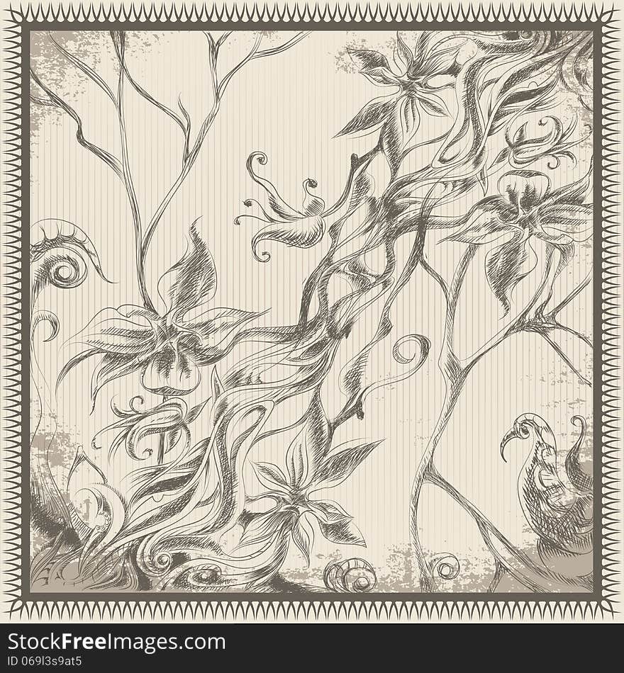 Illustration with tropic flowers drawn in vintage ink style with use some grunge effects. Illustration with tropic flowers drawn in vintage ink style with use some grunge effects