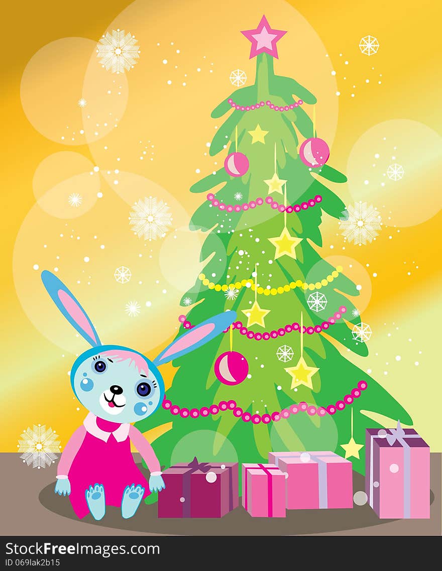 Vector graphic image with christmas tree and funny little rabbit toy and presents in the boxes. Vector graphic image with christmas tree and funny little rabbit toy and presents in the boxes