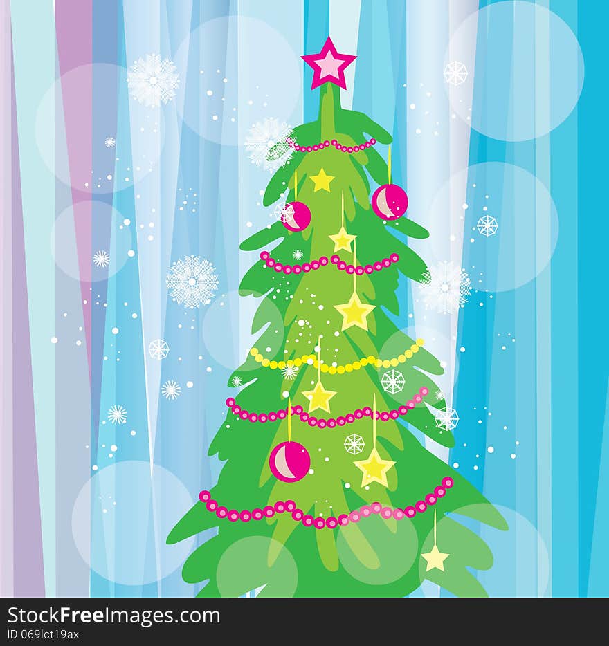 Vector graphic image with decorated christmas tree on the blue background