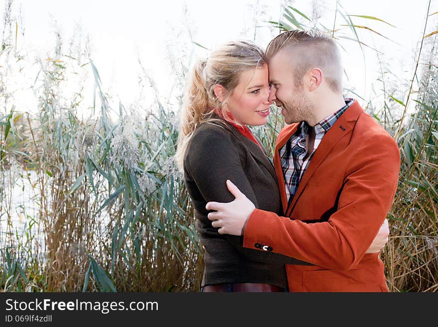 Happy young couple is having a nice time in october. Happy young couple is having a nice time in october