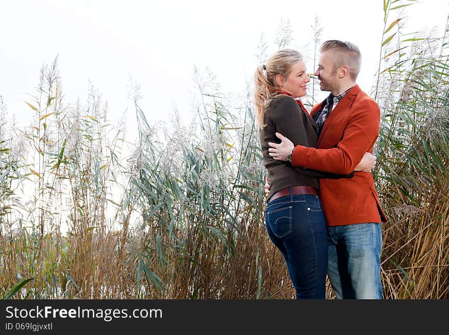 Happy young couple is having a nice time in october. Happy young couple is having a nice time in october