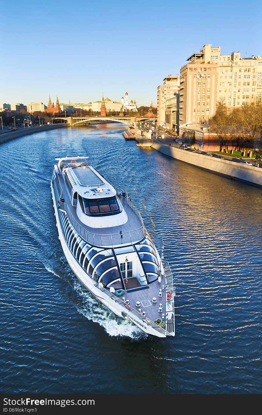 Pleasure boat on the Moskva River. Moscow, Russia. Pleasure boat on the Moskva River. Moscow, Russia