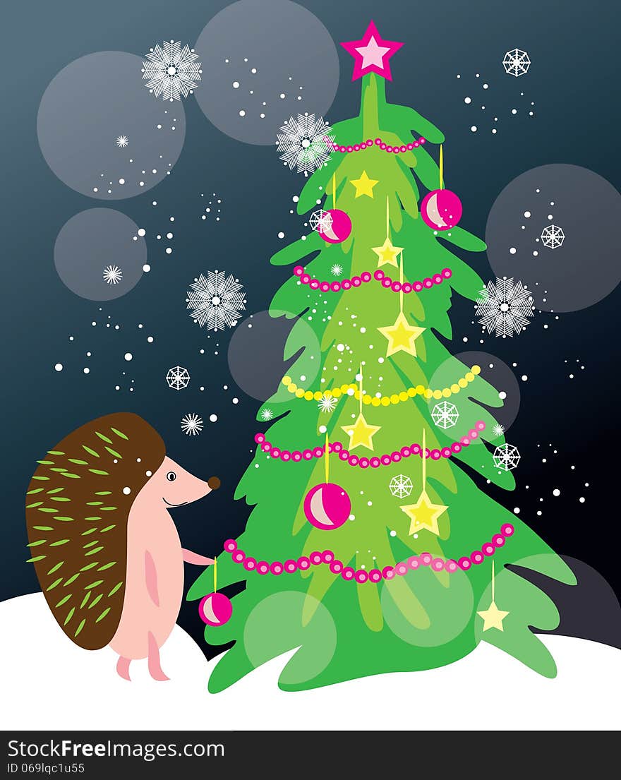 Vector graphic image with christmas theme - funny little hadgehog decorating the fir-tree. Vector graphic image with christmas theme - funny little hadgehog decorating the fir-tree