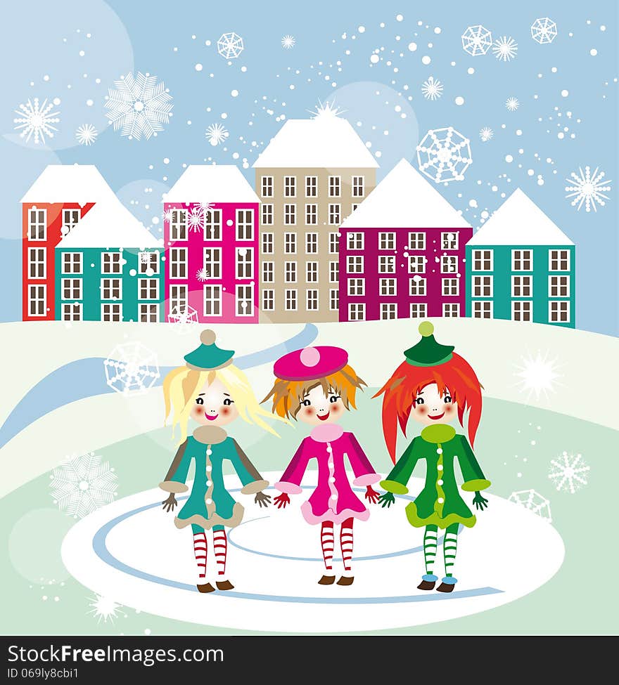 Three little girls walking in winter city square