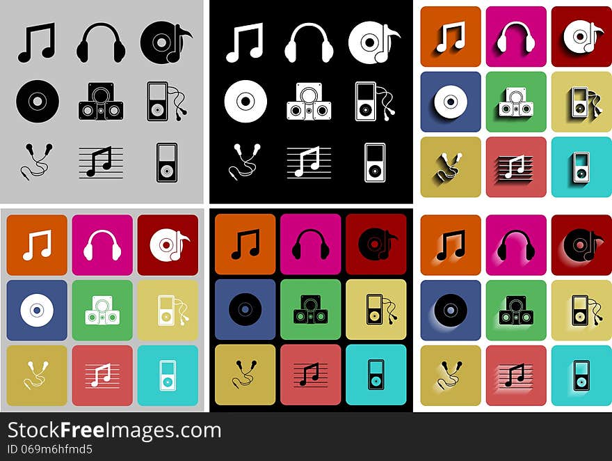 Set fo music icons on different backgrounds, vector eps10 illustration