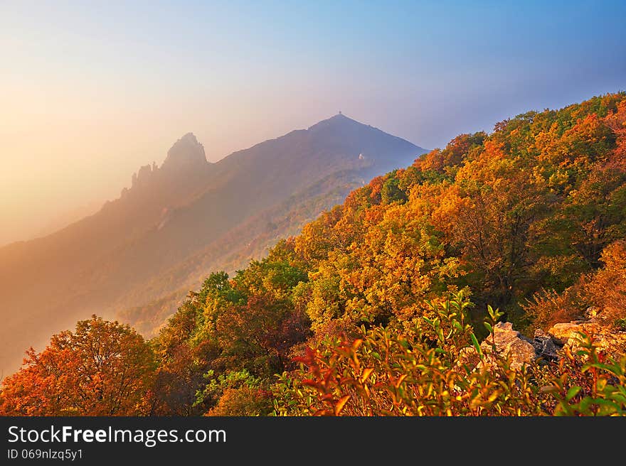 The photo taken in China's Hebei province qinhuangdao city,ancestral mountain scenic area,the queen mother peak.The time is October 4, 2013. The Apsara peak in the distance. The photo taken in China's Hebei province qinhuangdao city,ancestral mountain scenic area,the queen mother peak.The time is October 4, 2013. The Apsara peak in the distance.