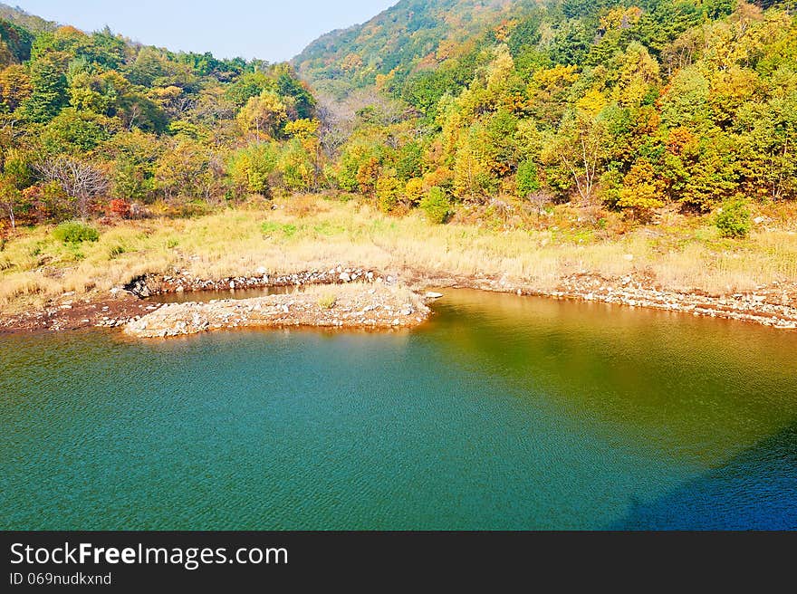 The green lake water and autumnal forest