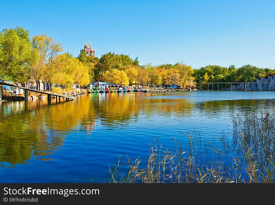 The Blue Lake Water And Pavilion Autumnal Scenery