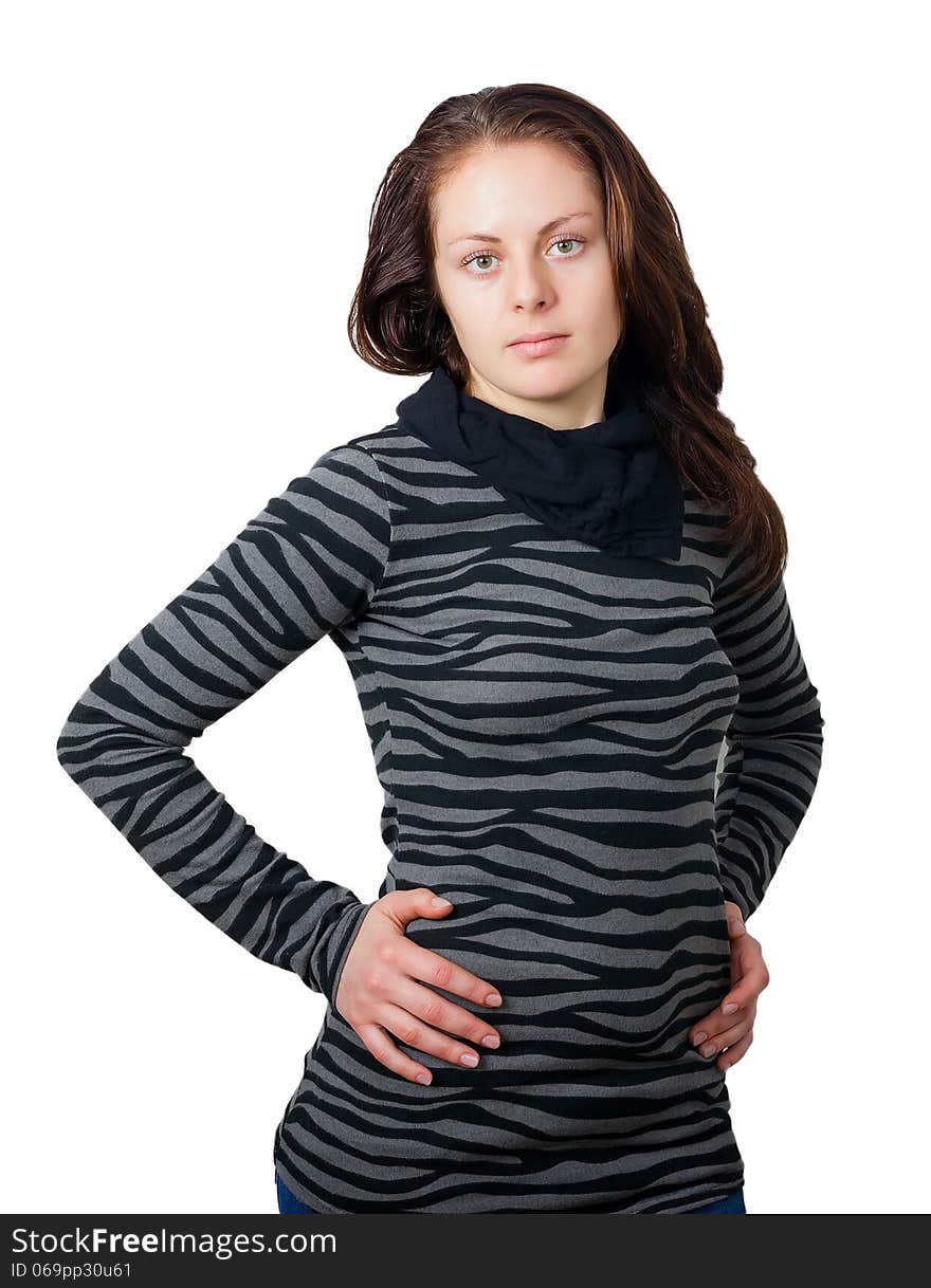 Portrait of a young woman on a white background