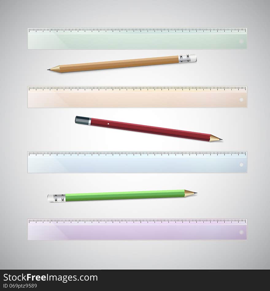 Set of plastic rulers and pencils, vector illustration