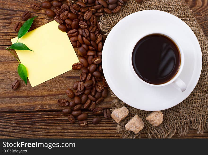 Coffee Cup And Sugar On  Wooden Table.