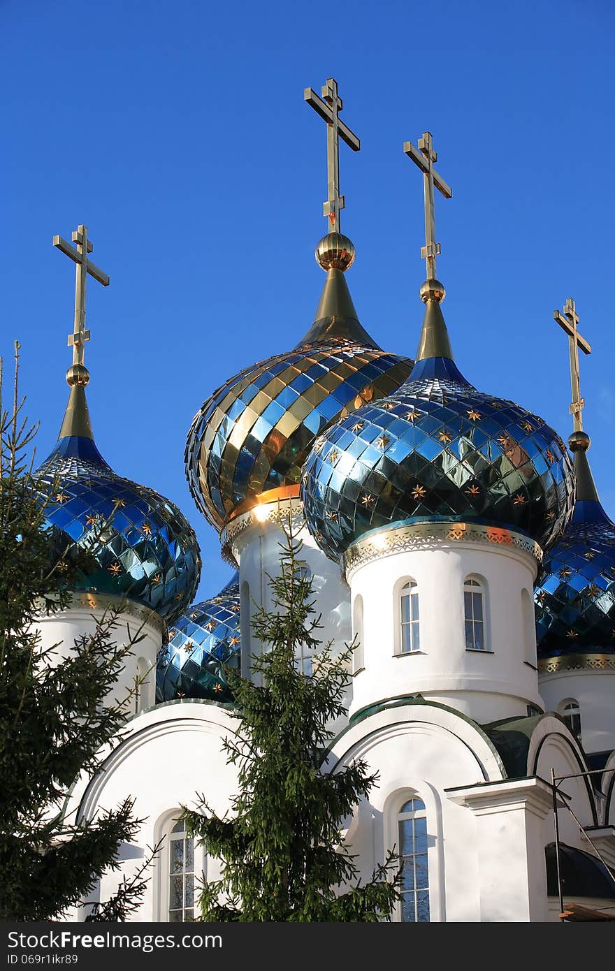 Nice Russian orthodox church against blue sky. Nice Russian orthodox church against blue sky